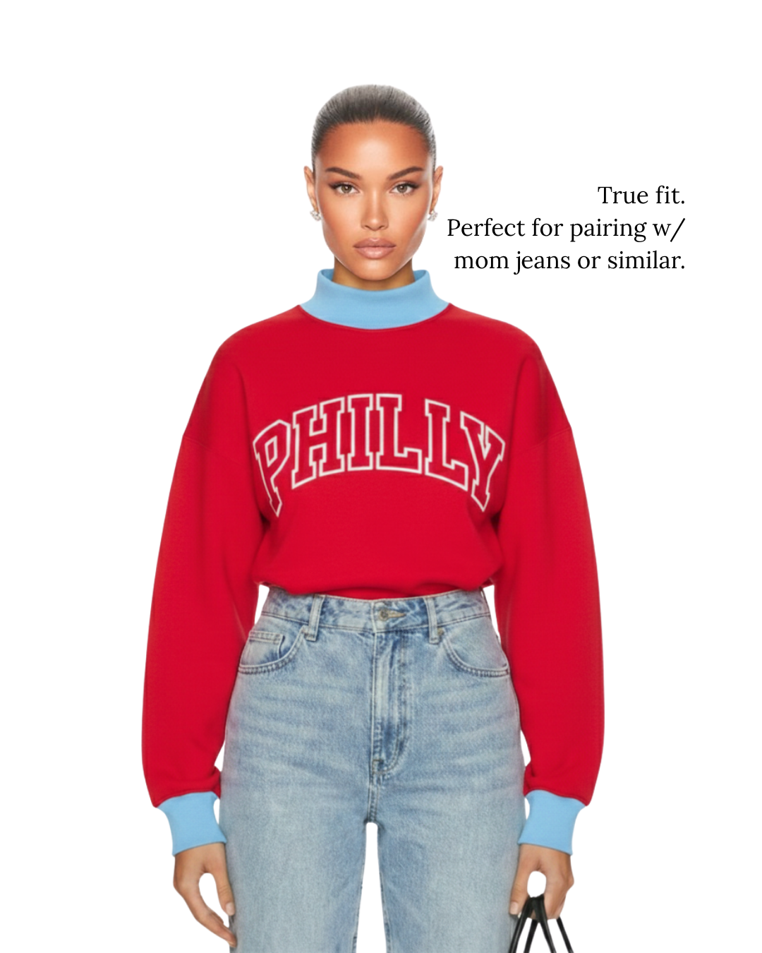 Model demonstrating a true fitment of S&G's Starter PHILLY Varsity Mockneck