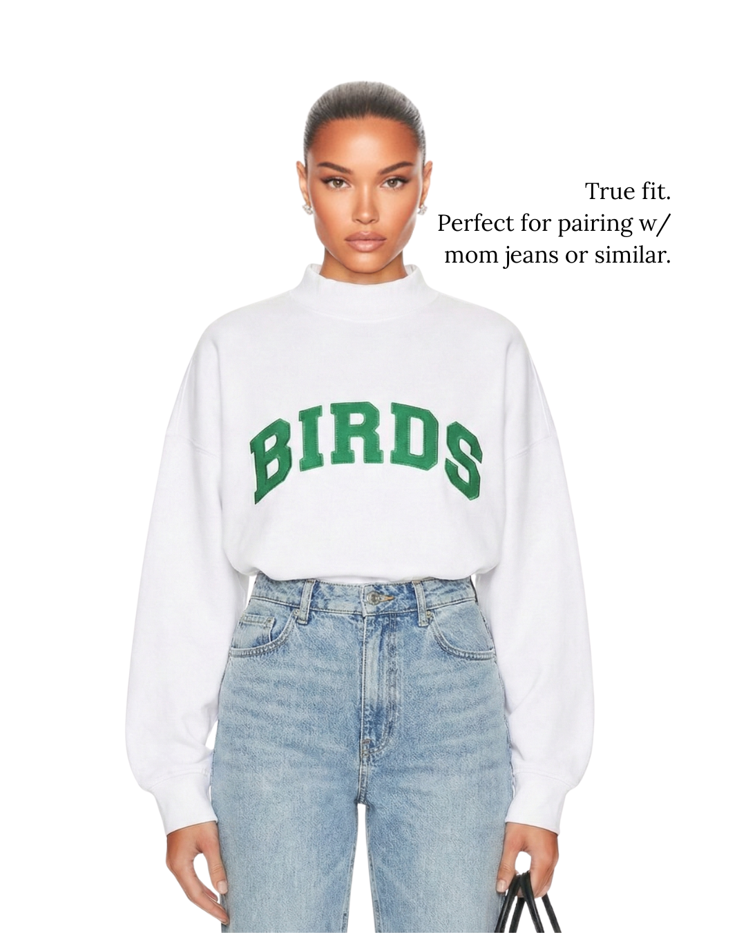 Model wearing South & Green's White BIRDS Varsity Mockneck.