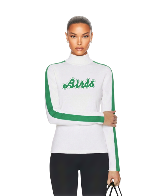 Model wearing S&G's White Retro BIRDS Mockneck