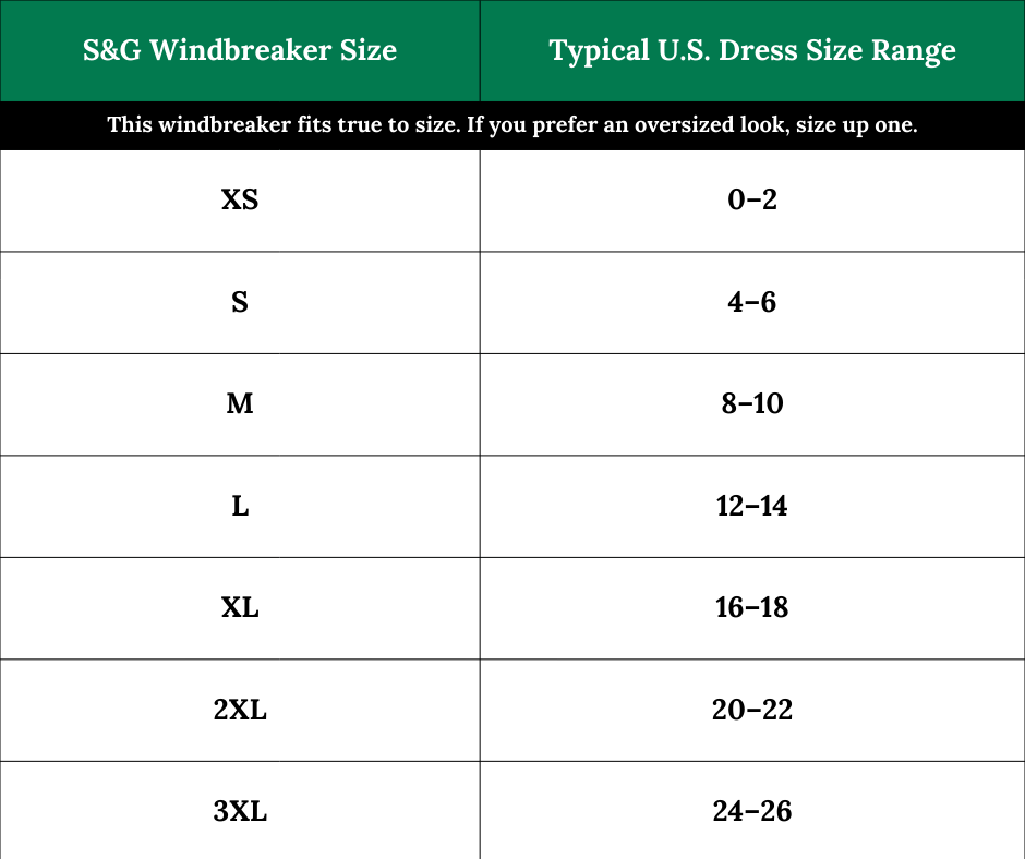Size chart for S&G Windbreaker comparing sizes to typical U.S. dress size ranges.