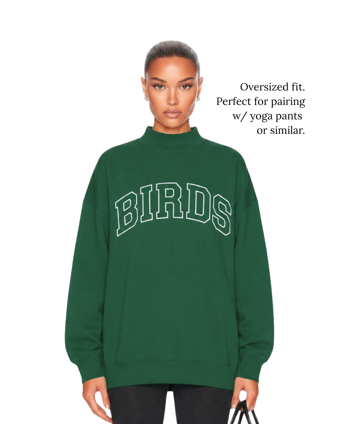 Model Photo of South & Green's Spruce BIRDS Varsity Mockneck styled in an oversized fit.