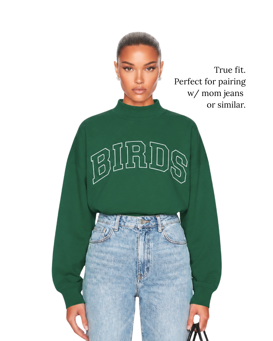 Model Photo of South & Green's Spruce BIRDS Varsity Mockneck styled in a true fit.